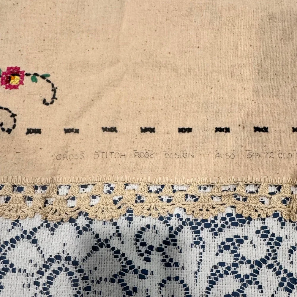 Vintage Embroidered Table Cloth Colorful Floral Cross Stitch Crochet‎ Edge 48x53